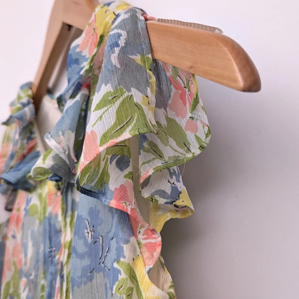 Ralph Lauren Chiffon Dress Watercolor Floral Ruffle Flutter Sleeve Cottagecore 7